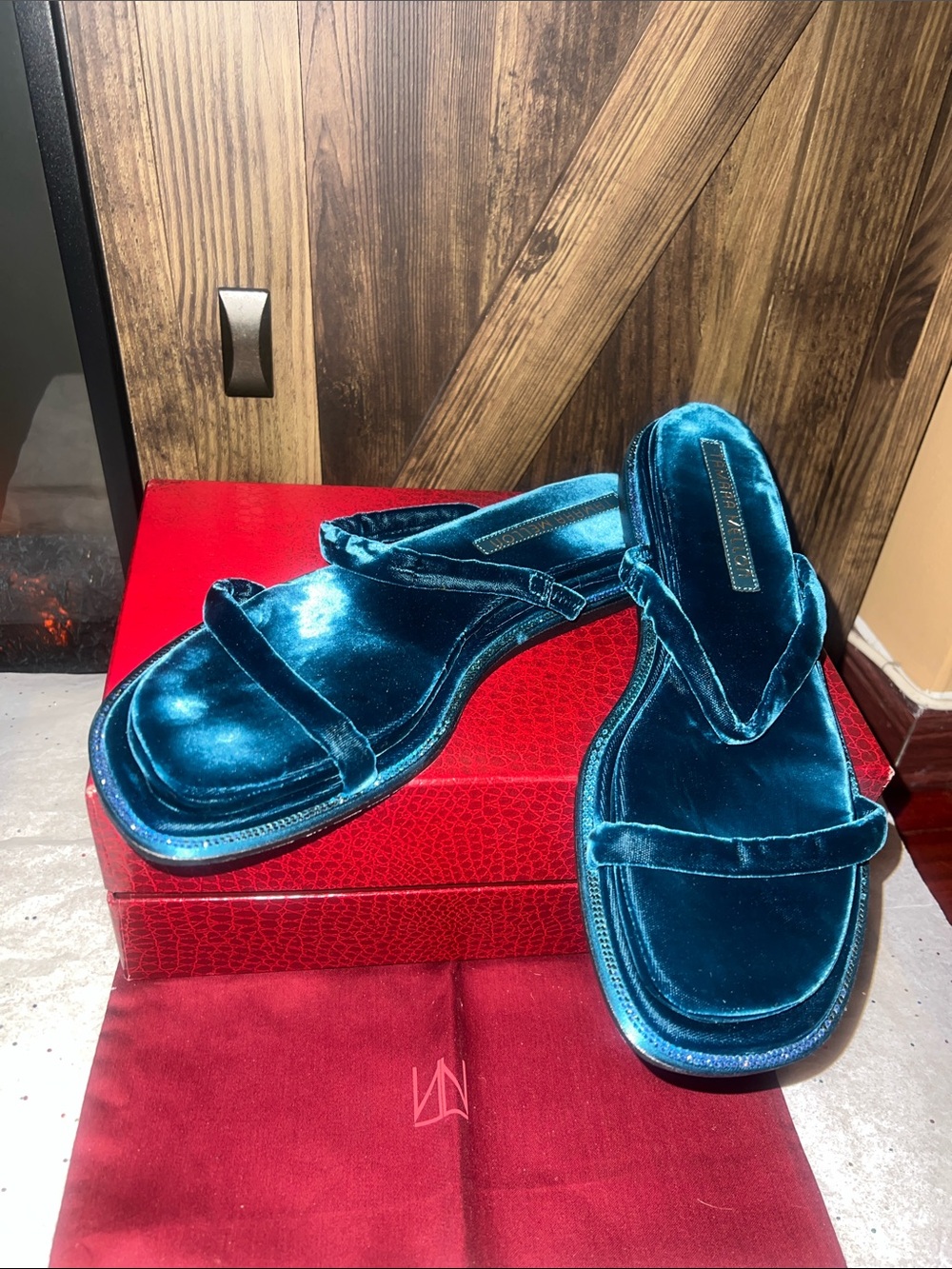 Tamara Mellon Teal Velvet Slide Sandals